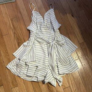 Revamped White & Black Striped Mini Dress with Ruffles Spaghetti Straps Size Med